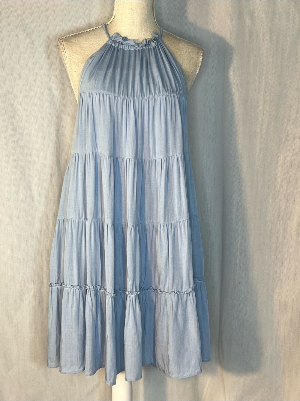 Millibon Dress Light Blue Gathered Halter Tiered Boho Sleeveless Pockets M👍